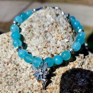 Aquamarine Beaded Bracelet with Silver Fairy Charm